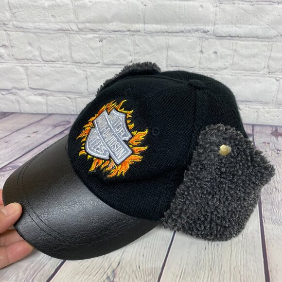 Harley Davidson Motorcycles Hat Cap Black with Earflaps Fit Small Size Heads - Picture 12 of 12